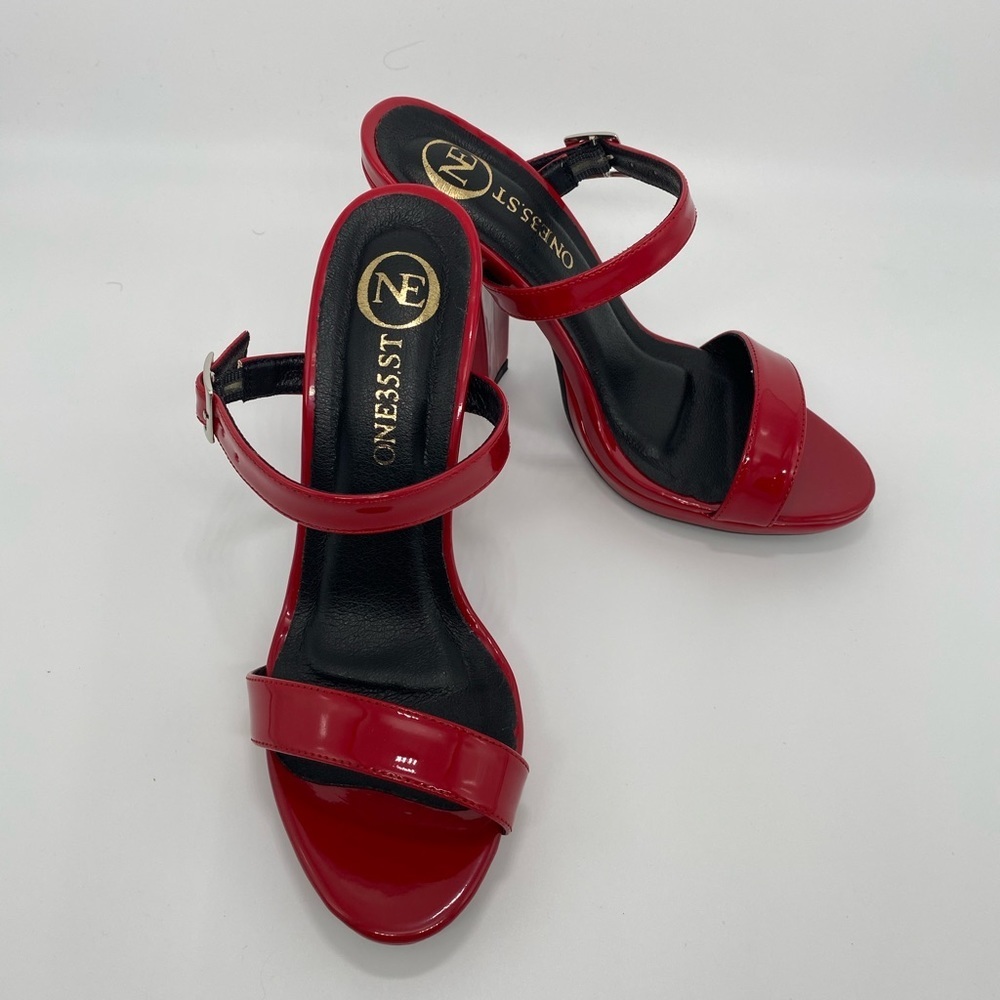 PATERNT BUCKLE RED MULES GIRLS PARTY SHOES HEELS SIZE # 36 - Picture 2 of 4